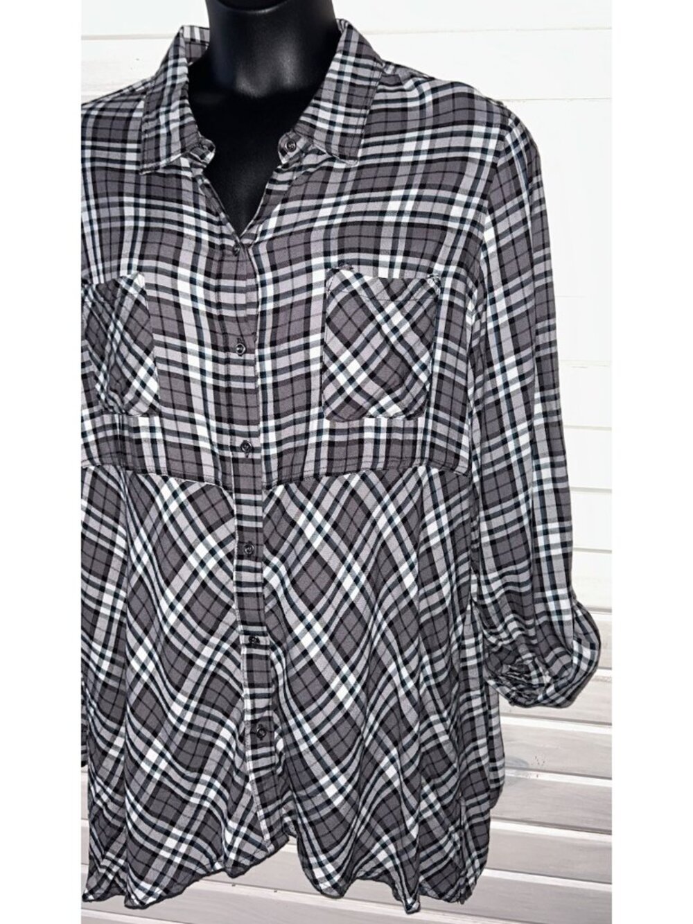Westbound Woman Sz PLUS 2X Gray Plaid Flannel Button Up Peplum Shirt EUC